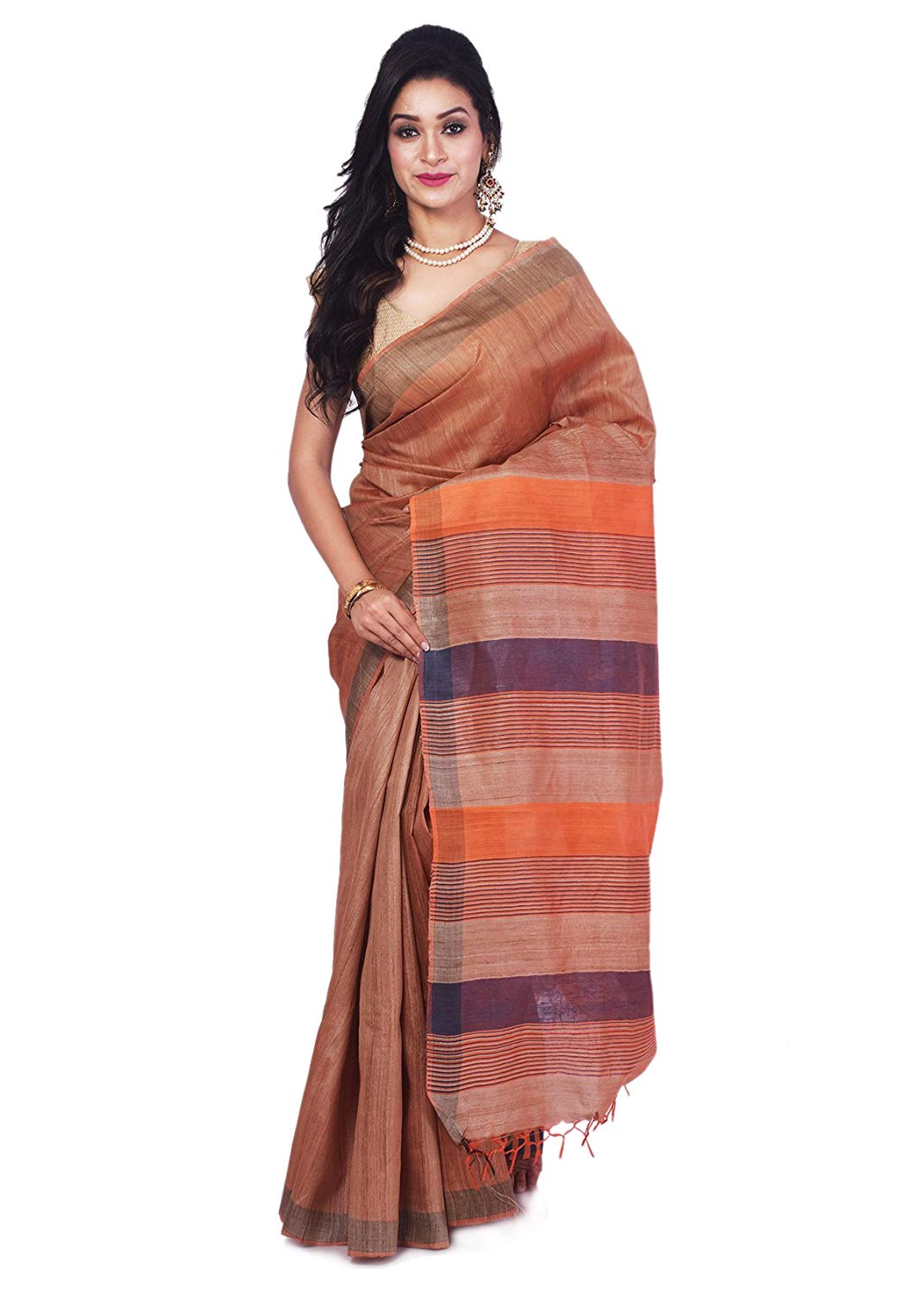 Bhagalpuri-Handloom-Art-Silk-Golden-Saree-Orange-blue-Border-B0785TCHNM.jpg
