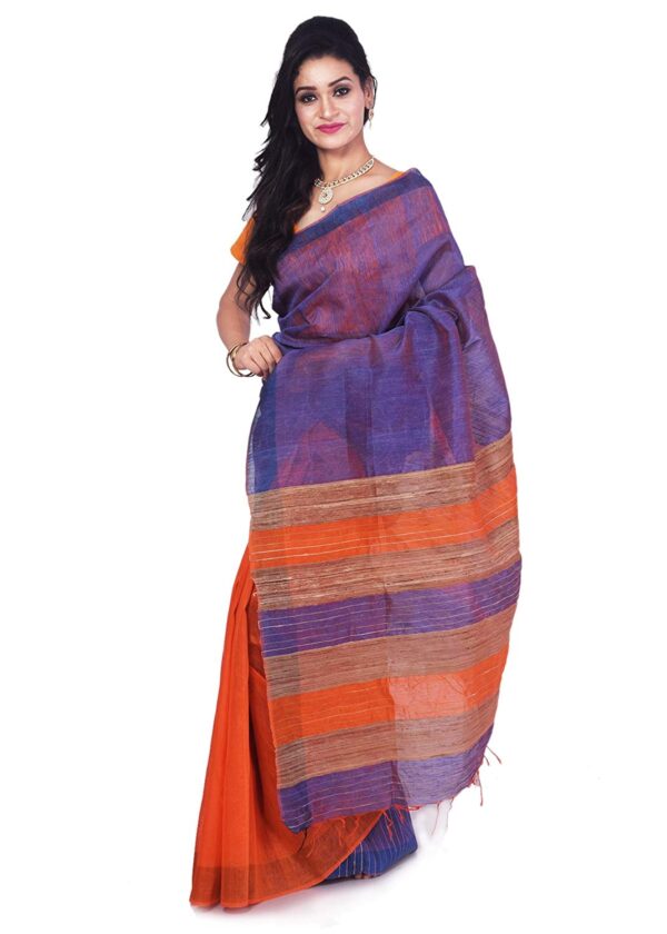 Bhagalpuri Handloom Pure Tussar Silk Orange Saree Blue Border B0785rvmg2 2.jpg