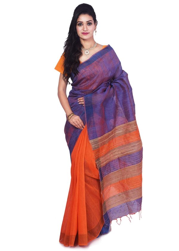 Bhagalpuri-Handloom-Pure-Tussar-Silk-Orange-Saree-Blue-Border-B0785RVMG2.jpg
