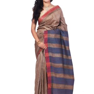 Bhagalpuri Handloom Pure Tussar Silk Golden Saree Blue Border