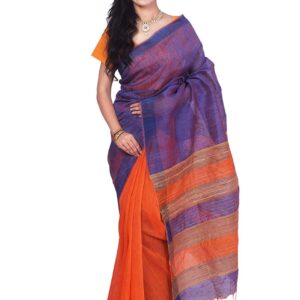 Bhagalpuri Handloom Pure Tussar Silk Orange Saree Blue Border