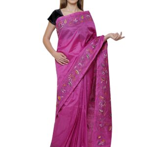 Bhagalpuri Tussar Silk Hand Embroidered Saree Pink