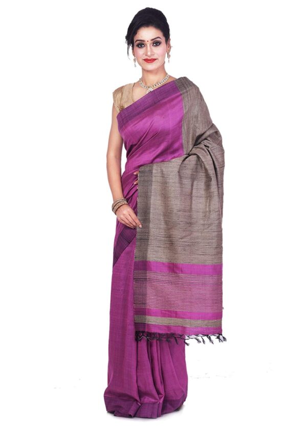 Ethnicalive bhagalpuri handloom pure tasar silk pink saree with golden boarder b074661x1d 2.jpg